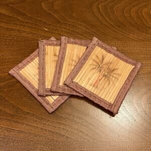 Vintage 60s palm tree bamboo square coasters, set of 4, tiki bar bohemian beach